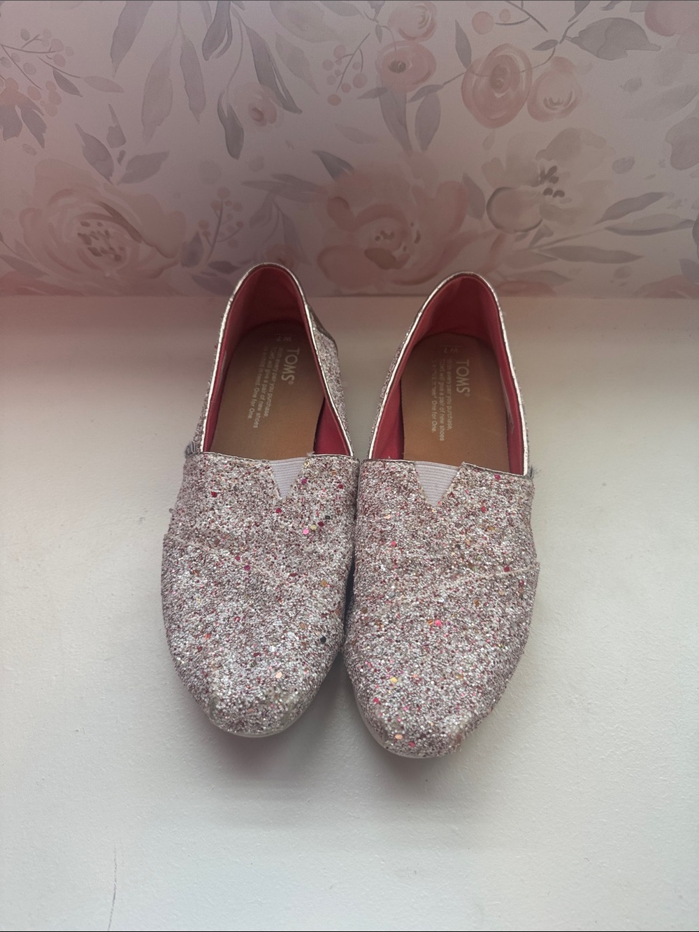 TOMS Women's Glitter Slip-On Flats in Pink Multicolor